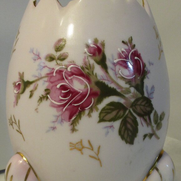 Vintage Napco Japan Porcelain Pale Pink Floral Egg Footed  Bowl Vase - Picture 8 of 8